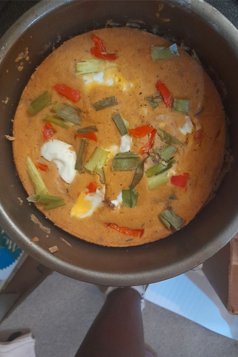 A pan of Lentil Moii-Moi on a counter.