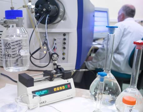 Research laboratory in university with testing beakers