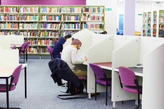 Library boy purple chairs