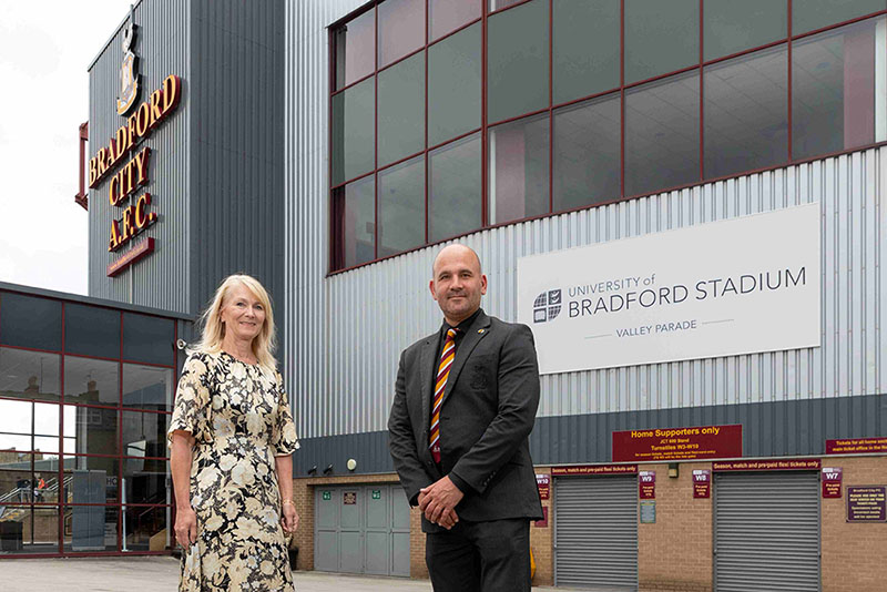 Bradford Vice Chancellor Shirley Congdon with BCFC Rep stood outside the stadium