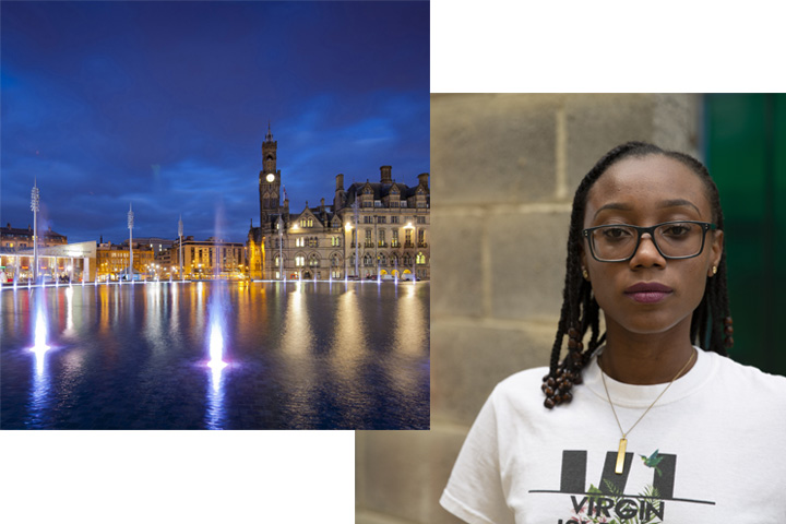 Two square images, one of City Park, Bradford at night, the other of Erika