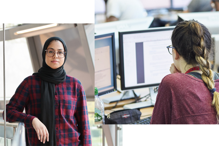 A double-image of student Zoya Raja and a student on a computer