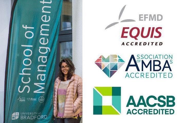 MSc student Sravani Karnam with School of Management banner and triple accreditation logos