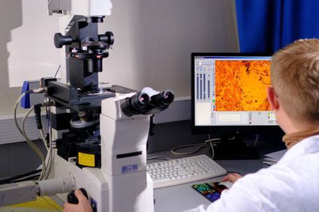 A student wearing a white coat working at a computer, with lab equipment