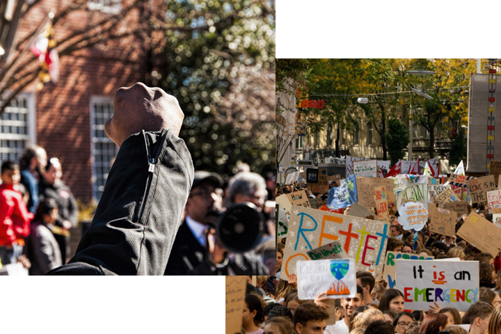 People protesting and a raised fist showing solidarity and support.